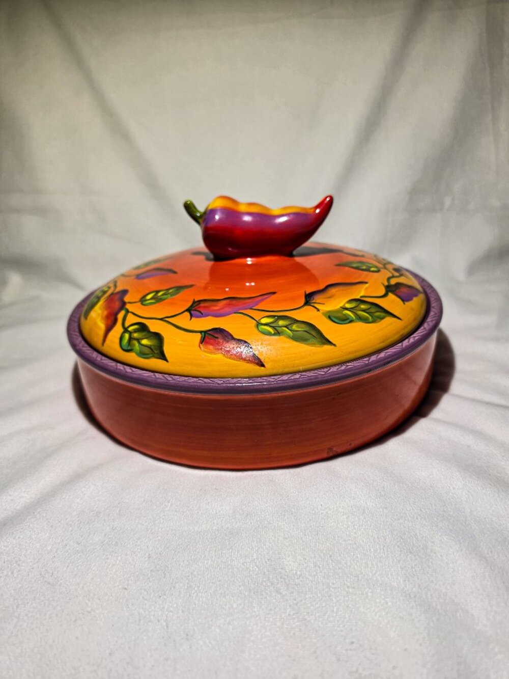 Vintage Clay art chili fiesta tortilla warmer hand painted ceramic lid dish 03